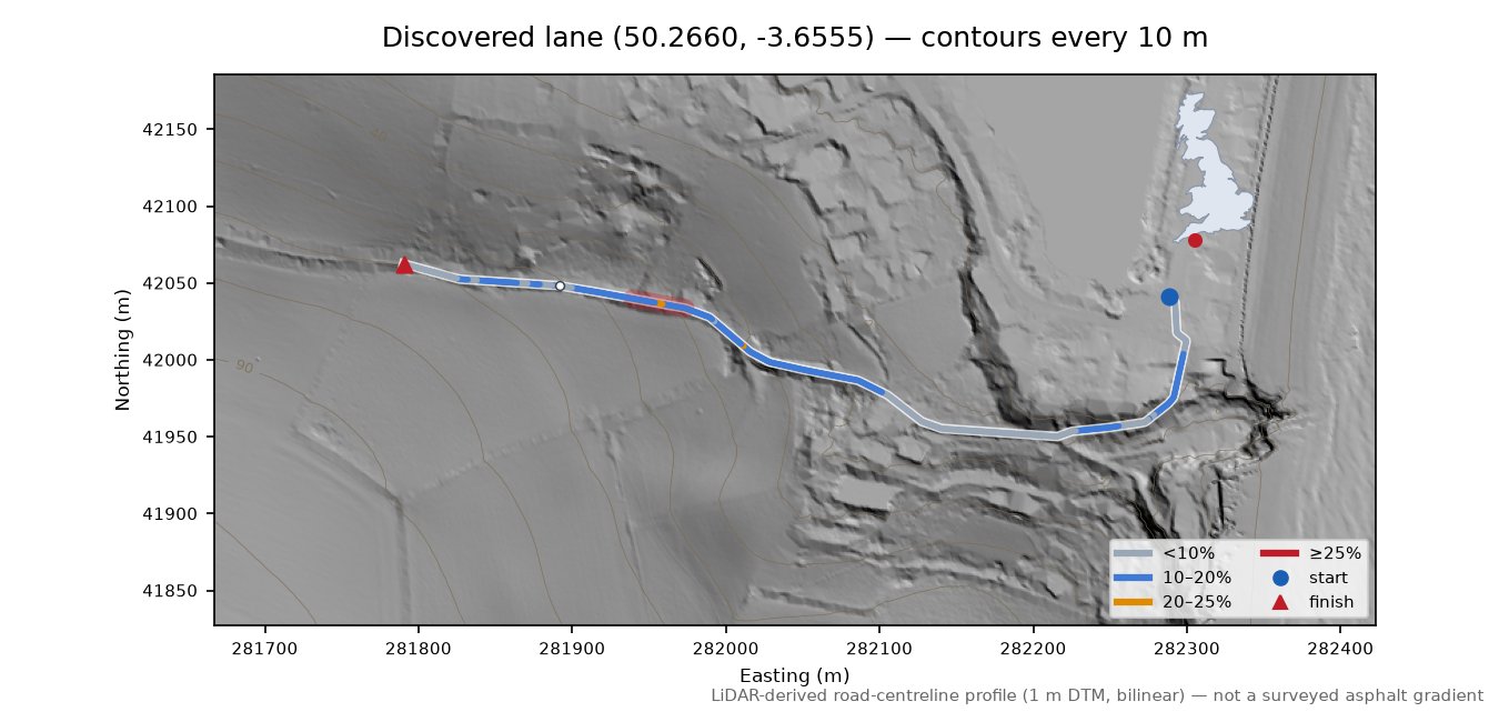 Discovered lane (50.2660, -3.6555) LiDAR hillshade map with contours