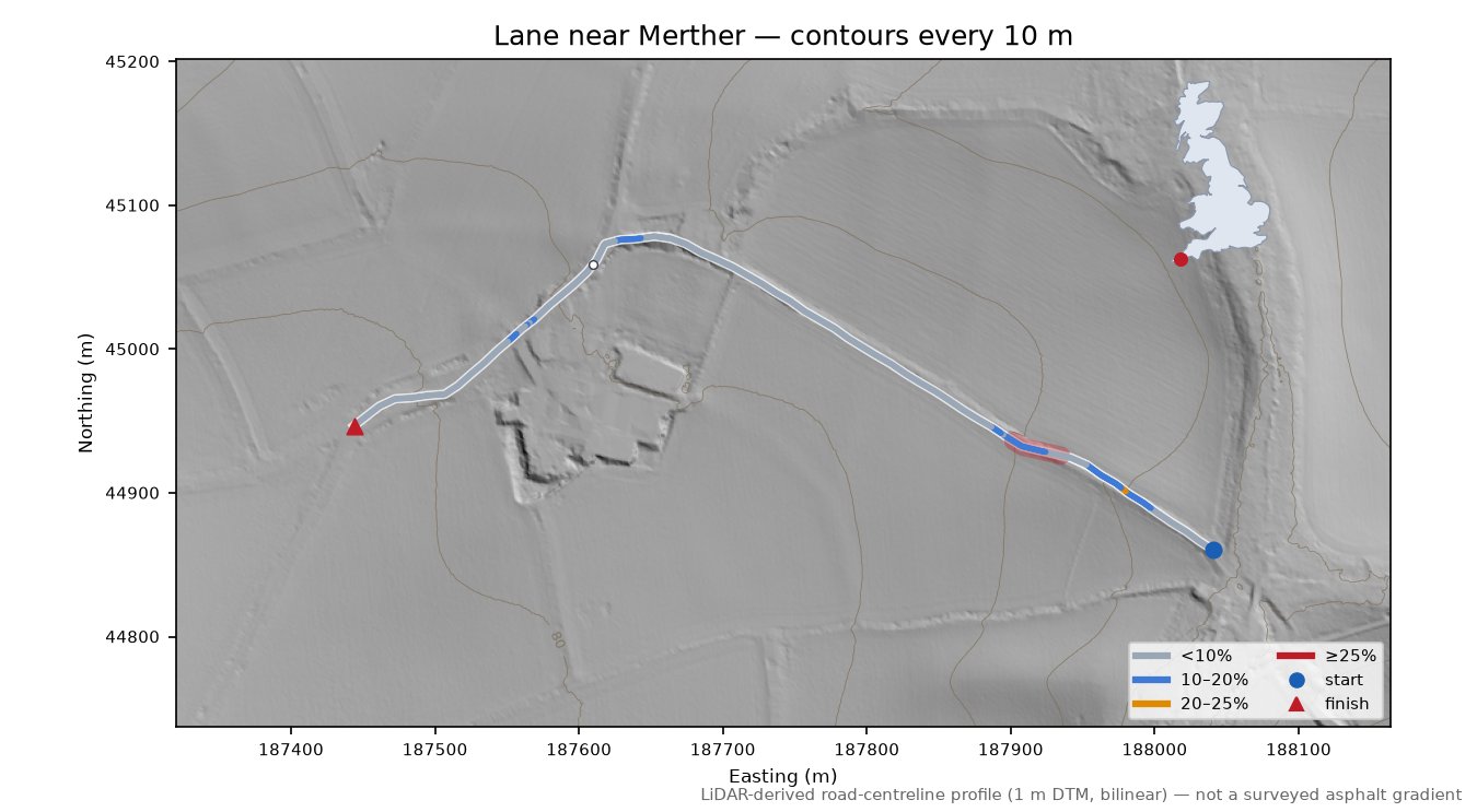 Lane near Merther LiDAR hillshade map with contours