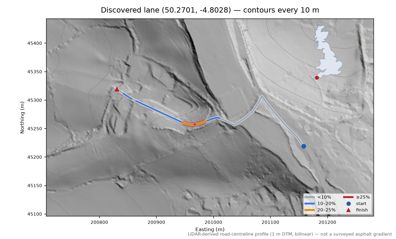 Discovered lane (50.2701, -4.8028) LiDAR hillshade map with contours