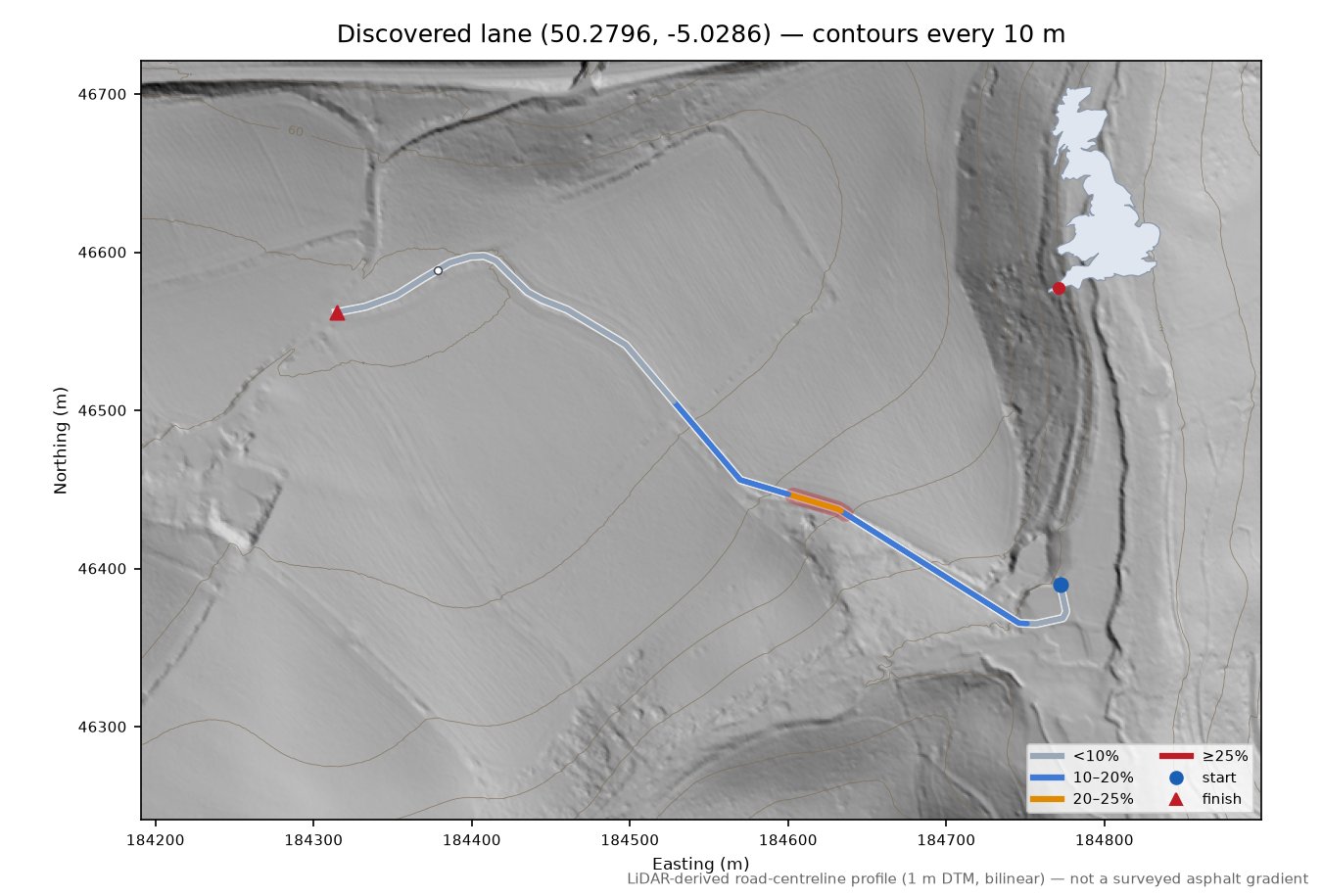 Discovered lane (50.2796, -5.0286) LiDAR hillshade map with contours