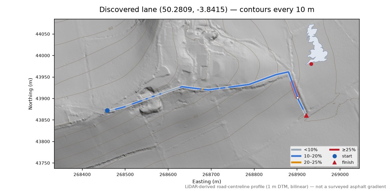 Discovered lane (50.2809, -3.8415) LiDAR hillshade map with contours