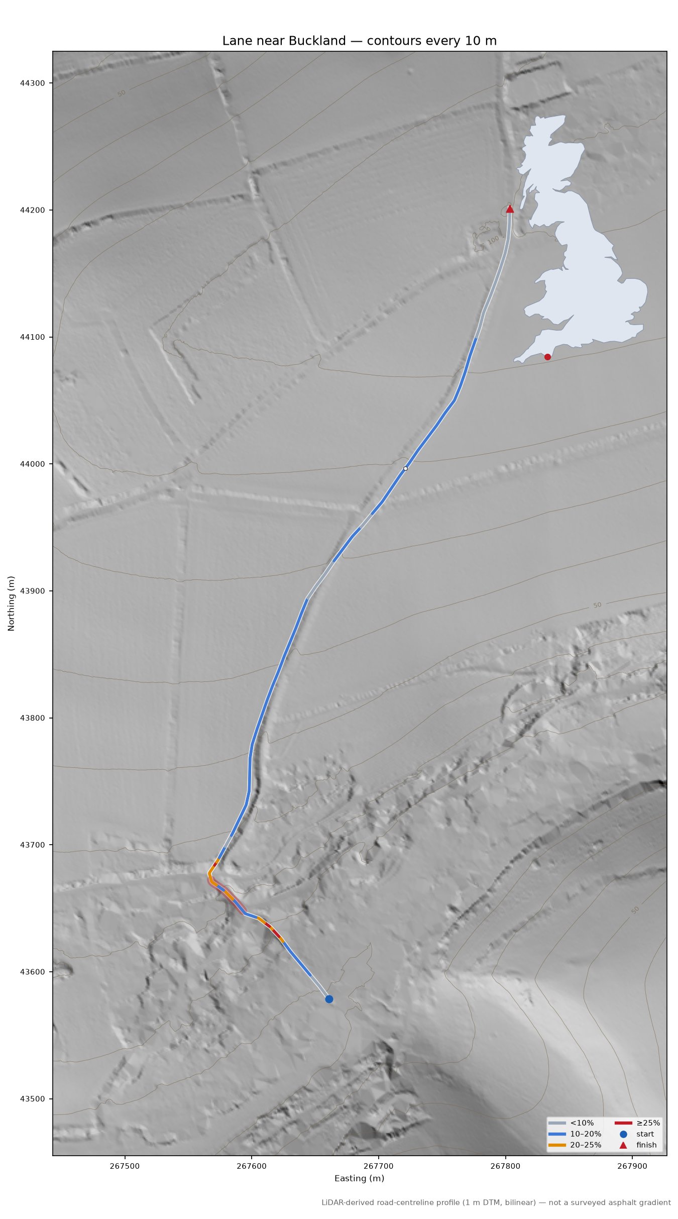Lane near Buckland LiDAR hillshade map with contours