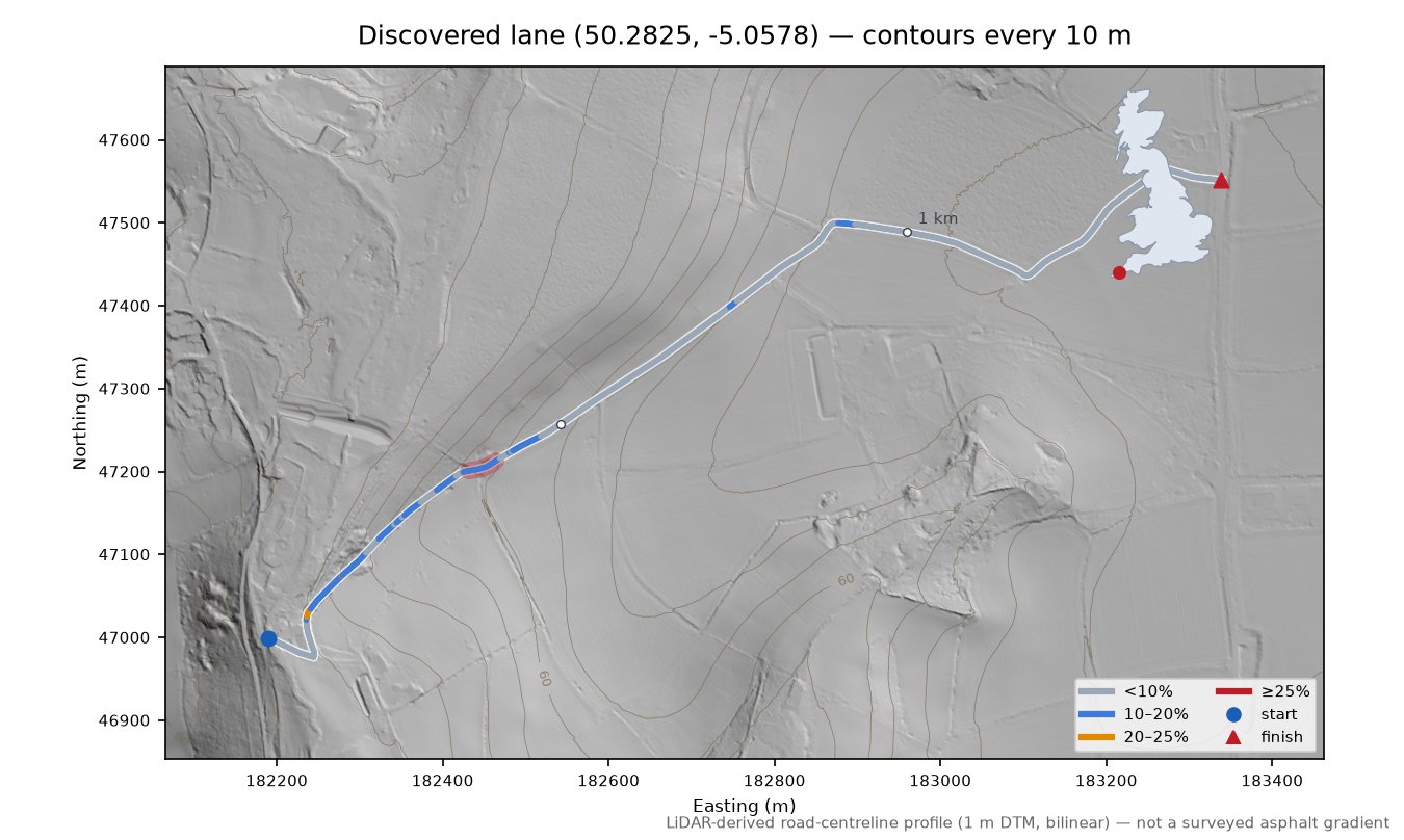 Discovered lane (50.2825, -5.0578) LiDAR hillshade map with contours