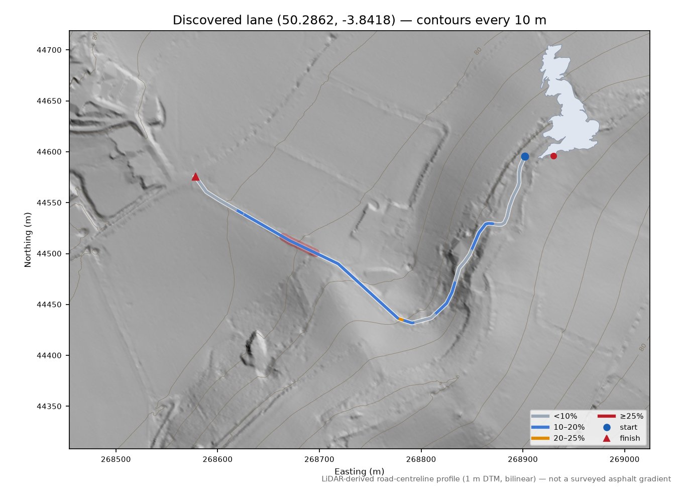 Discovered lane (50.2862, -3.8418) LiDAR hillshade map with contours