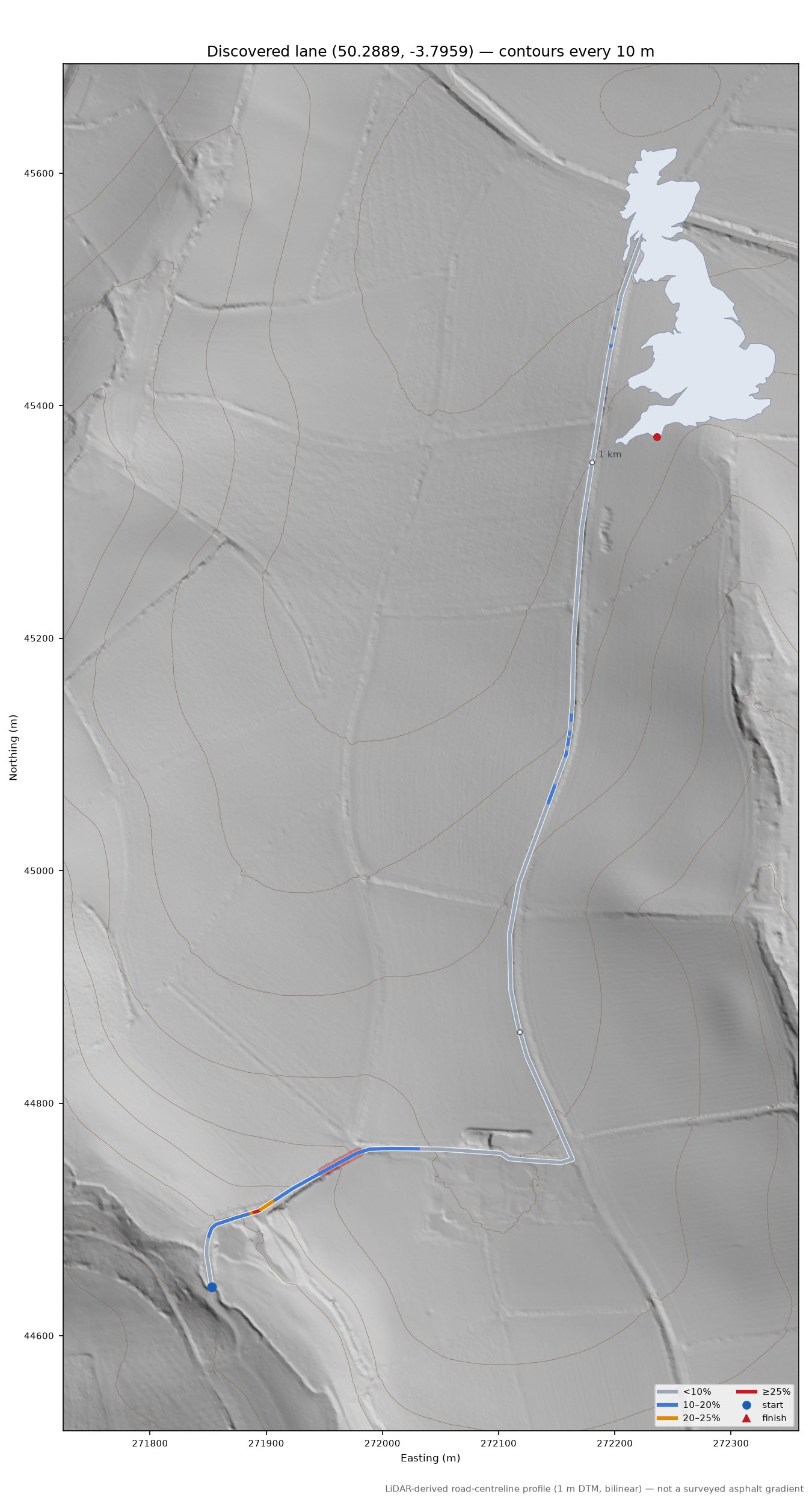 Discovered lane (50.2889, -3.7959) LiDAR hillshade map with contours
