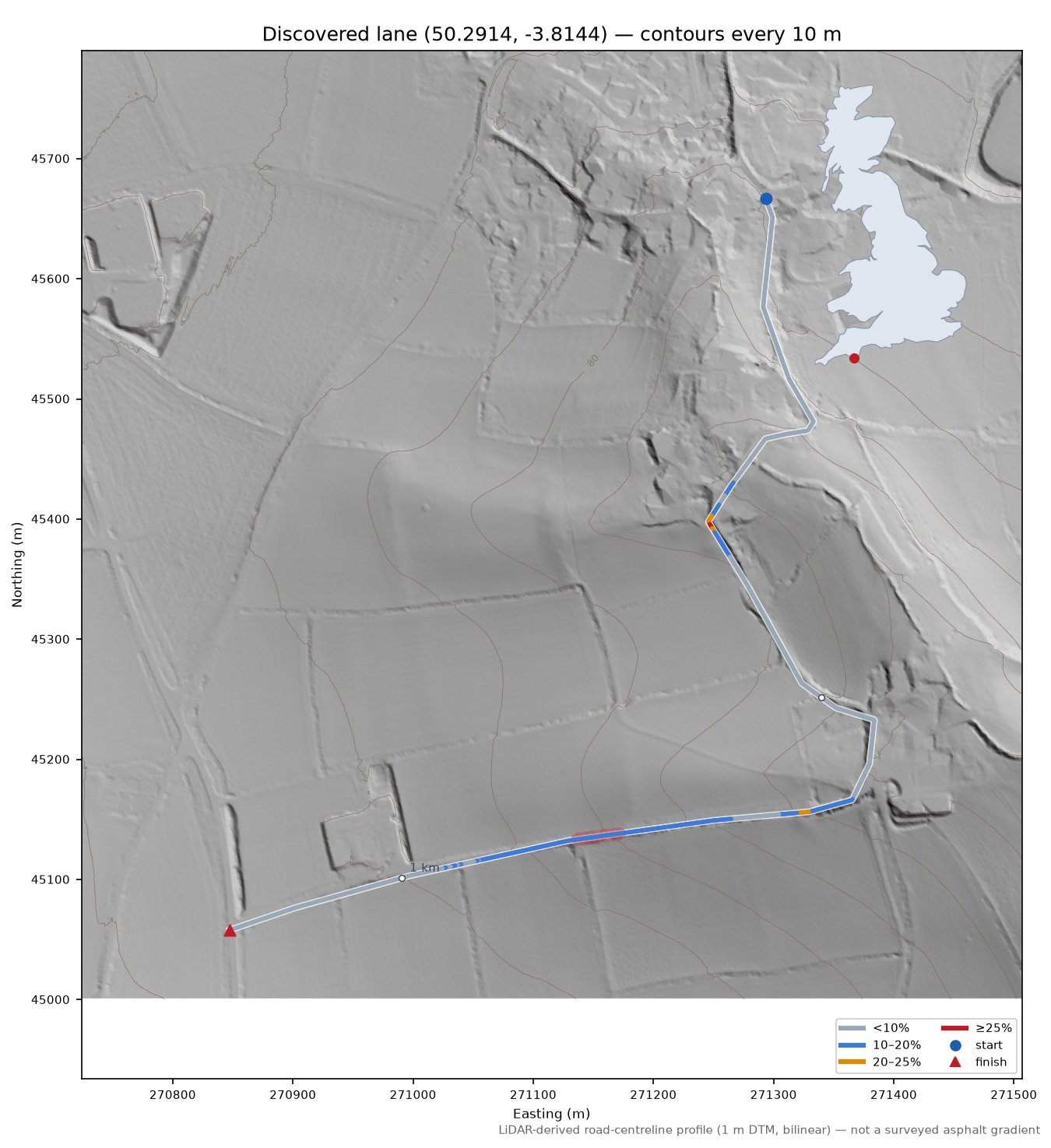 Discovered lane (50.2914, -3.8144) LiDAR hillshade map with contours