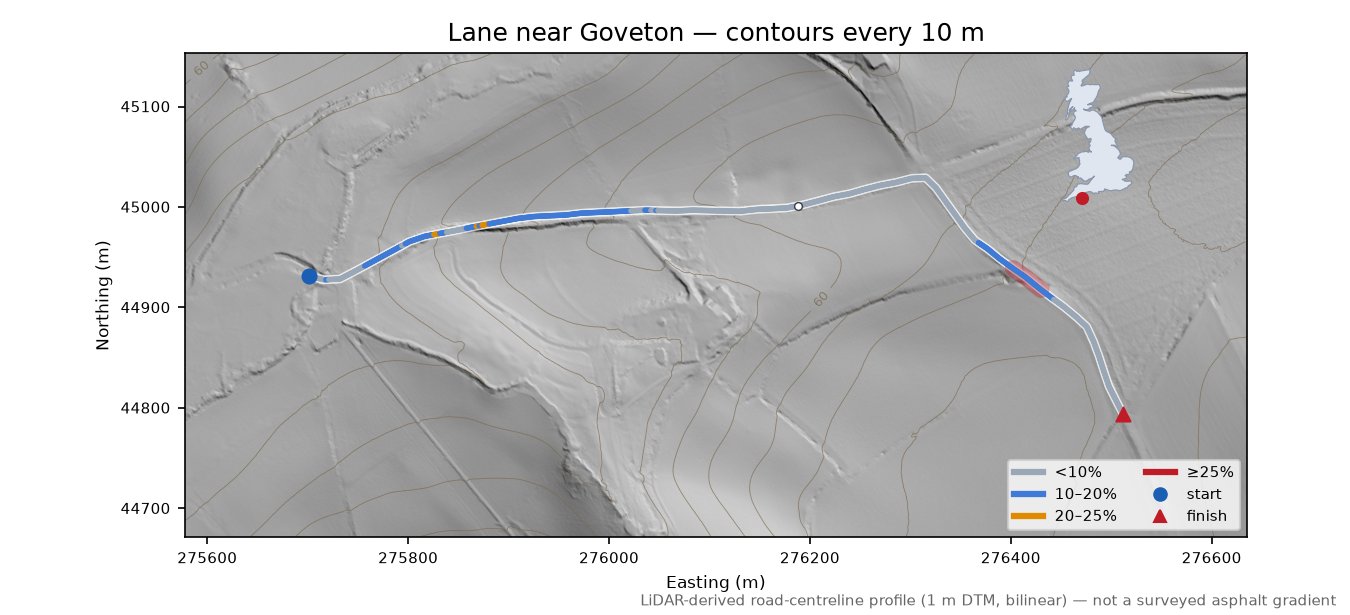 Lane near Goveton LiDAR hillshade map with contours