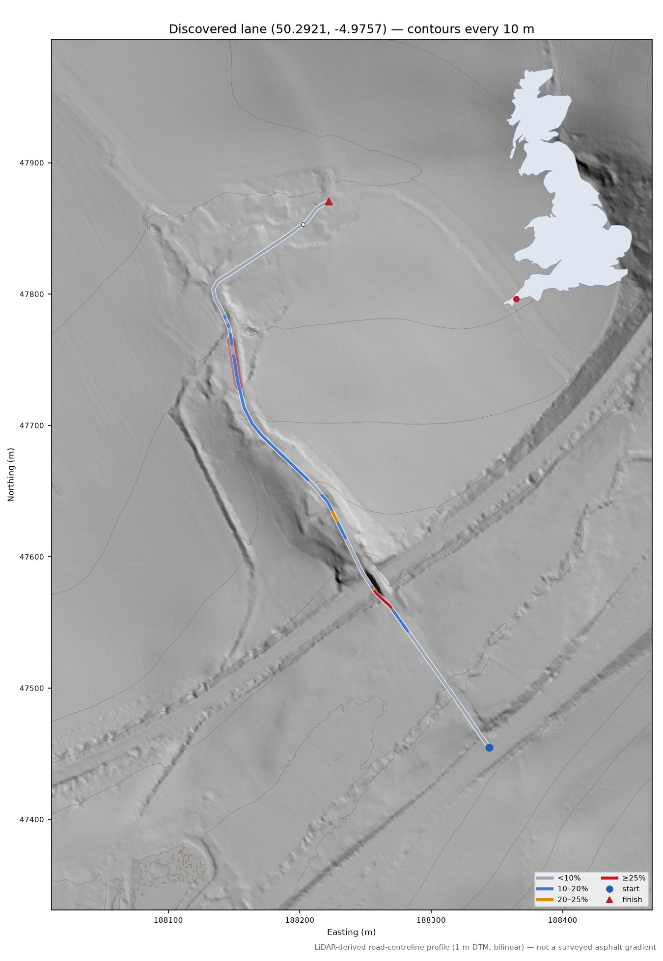 Discovered lane (50.2921, -4.9757) LiDAR hillshade map with contours