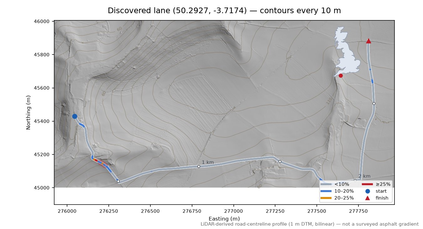 Discovered lane (50.2927, -3.7174) LiDAR hillshade map with contours