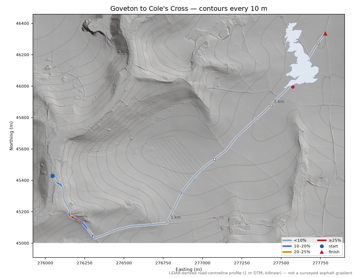 Goveton to Cole's Cross LiDAR hillshade map with contours