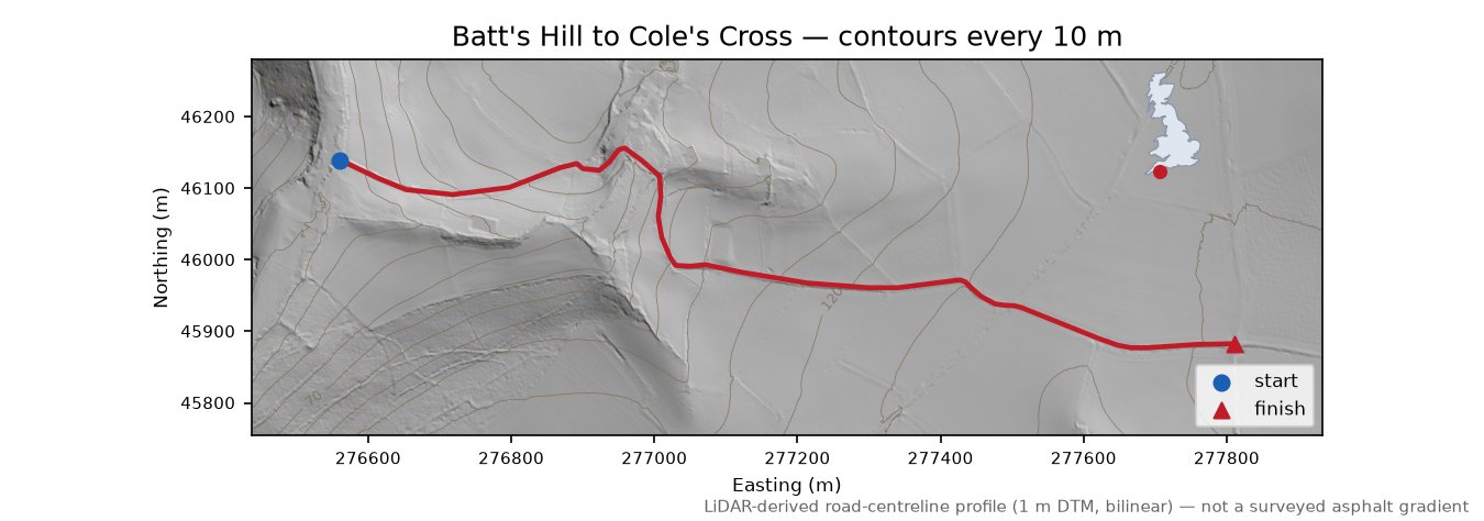 Batt's Hill to Cole's Cross LiDAR hillshade map with contours