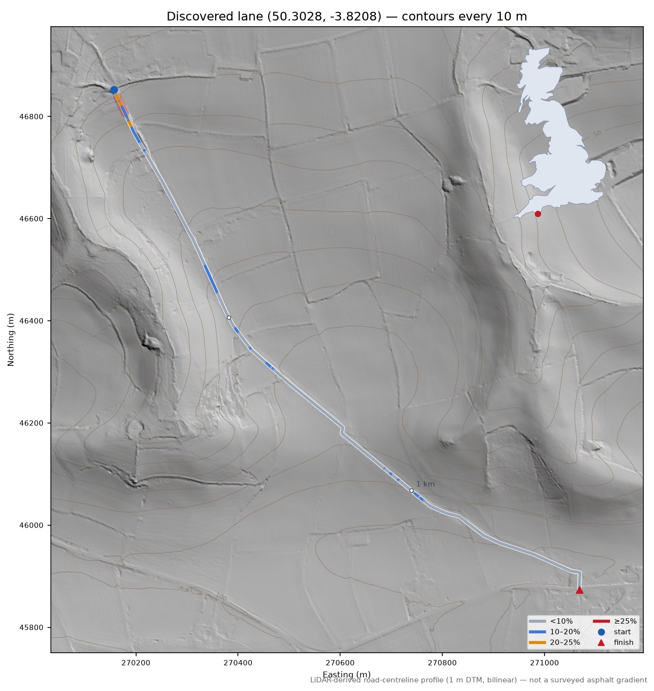 Discovered lane (50.3028, -3.8208) LiDAR hillshade map with contours