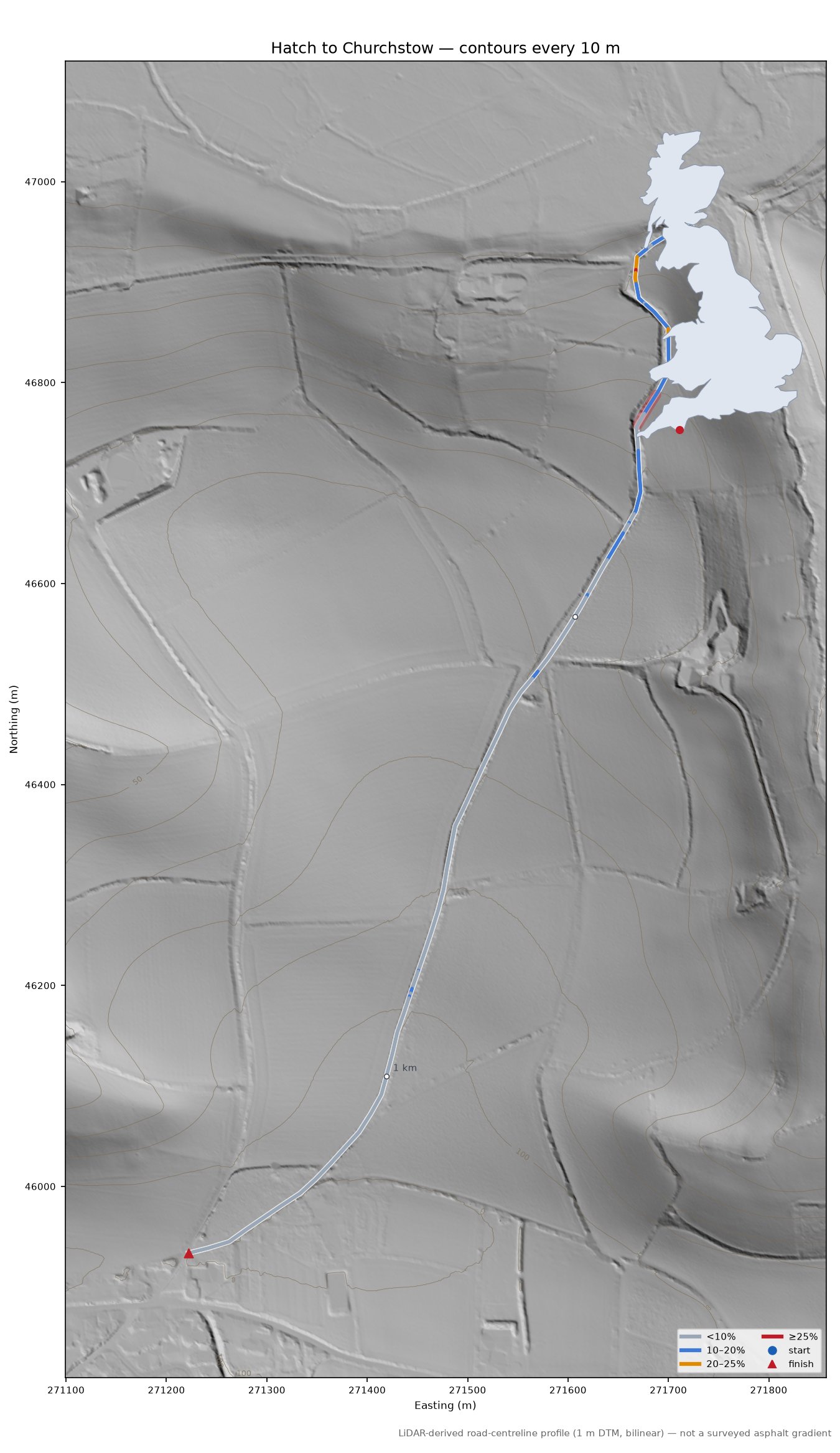 Hatch to Churchstow LiDAR hillshade map with contours