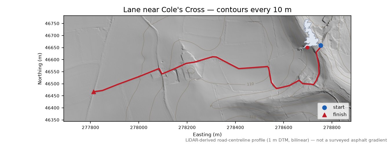 Lane near Cole's Cross LiDAR hillshade map with contours