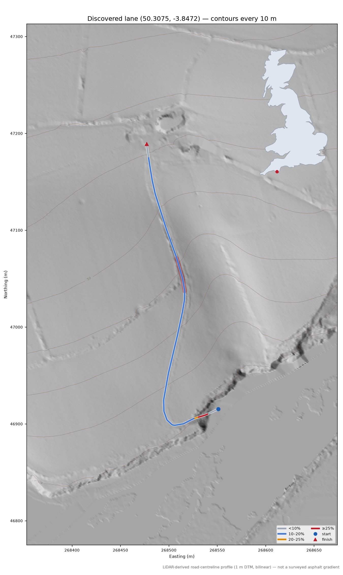 Discovered lane (50.3075, -3.8472) LiDAR hillshade map with contours