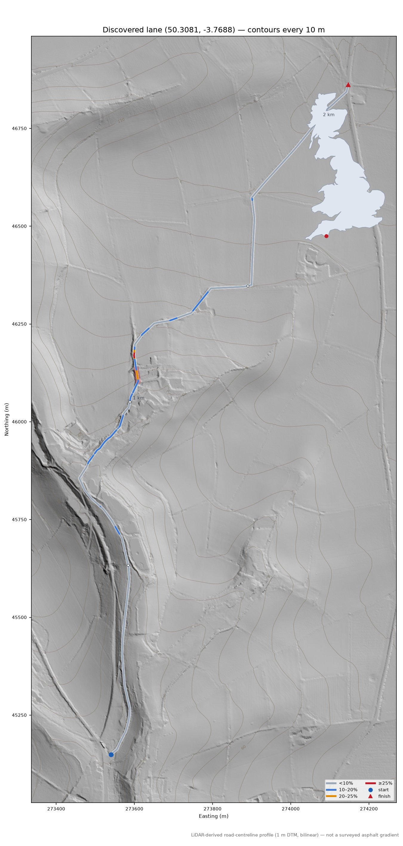 Discovered lane (50.3081, -3.7688) LiDAR hillshade map with contours