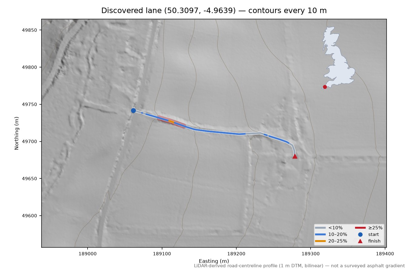 Discovered lane (50.3097, -4.9639) LiDAR hillshade map with contours