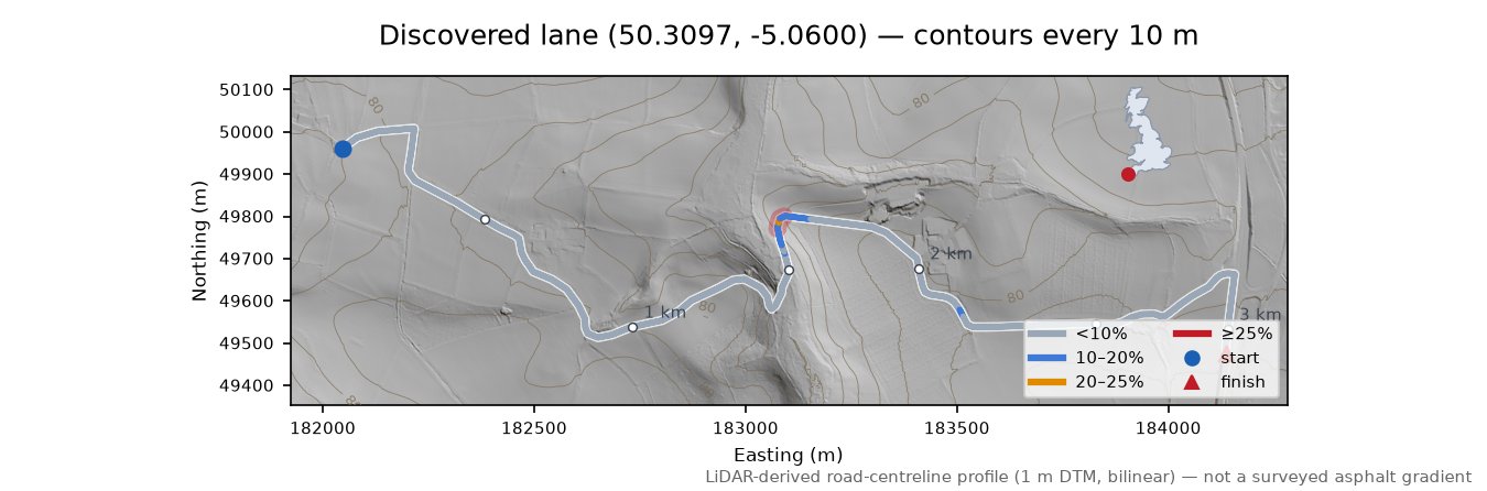 Discovered lane (50.3097, -5.0600) LiDAR hillshade map with contours