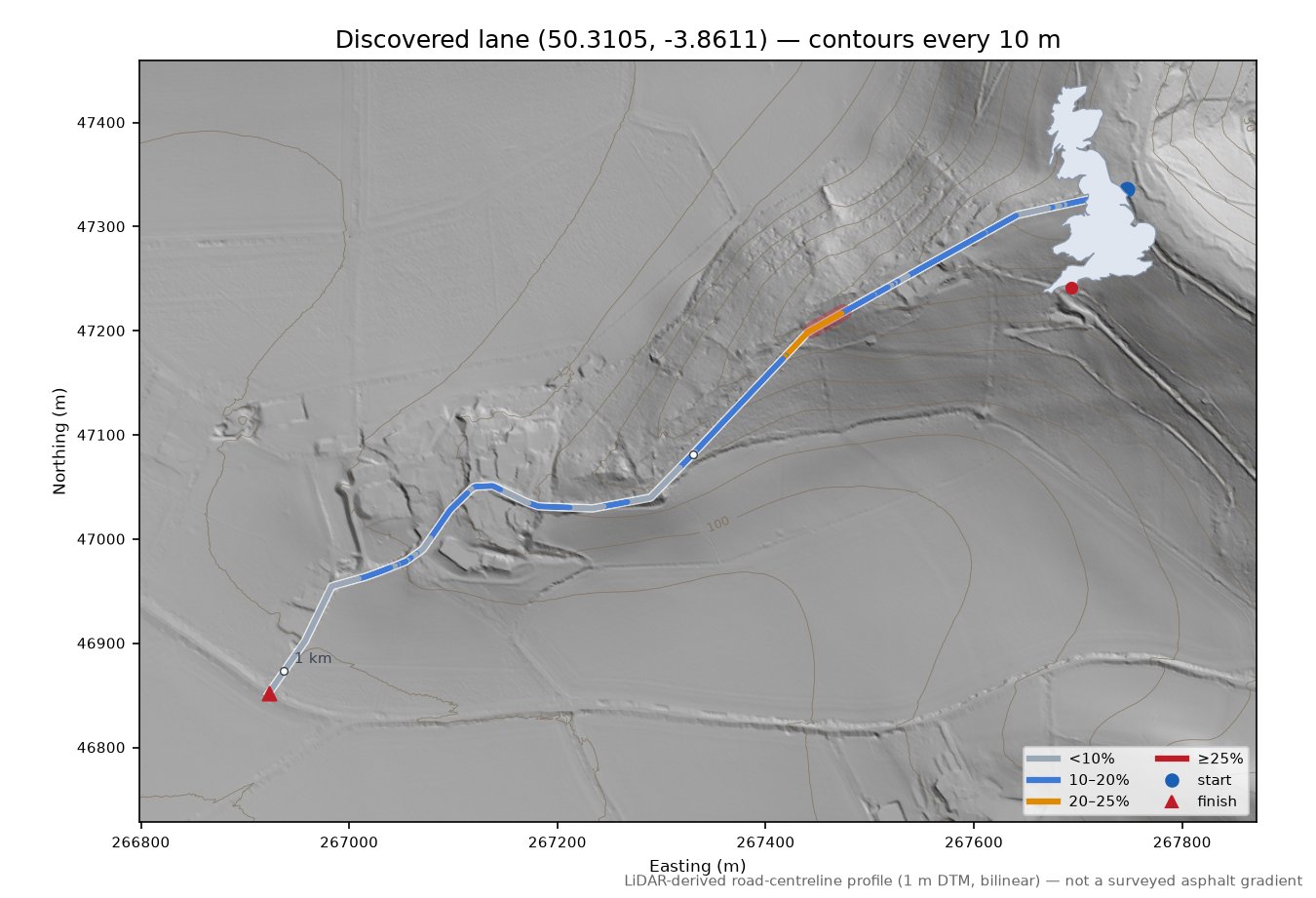 Discovered lane (50.3105, -3.8611) LiDAR hillshade map with contours