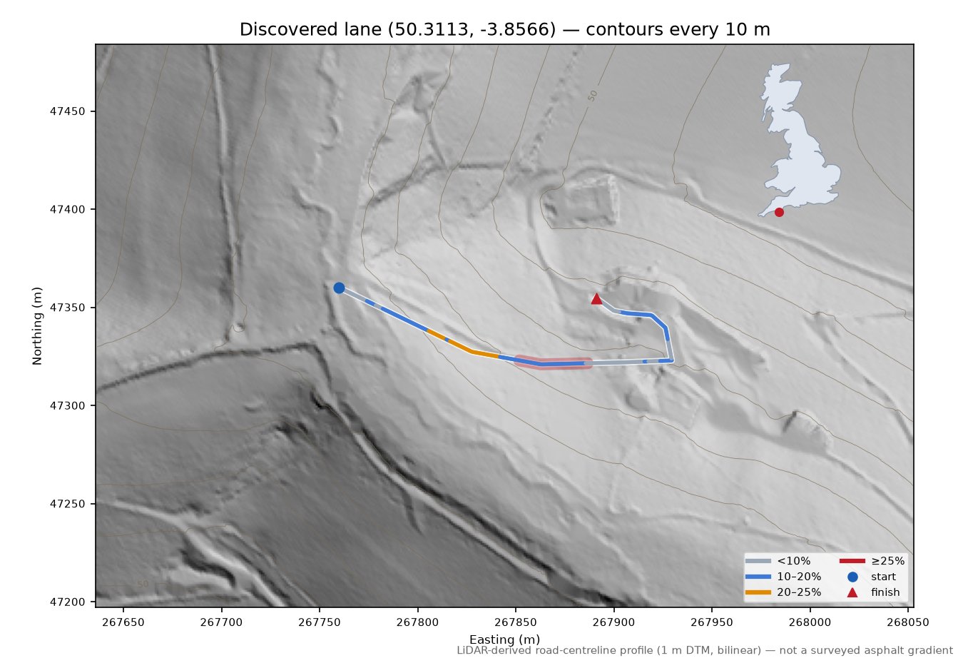 Discovered lane (50.3113, -3.8566) LiDAR hillshade map with contours