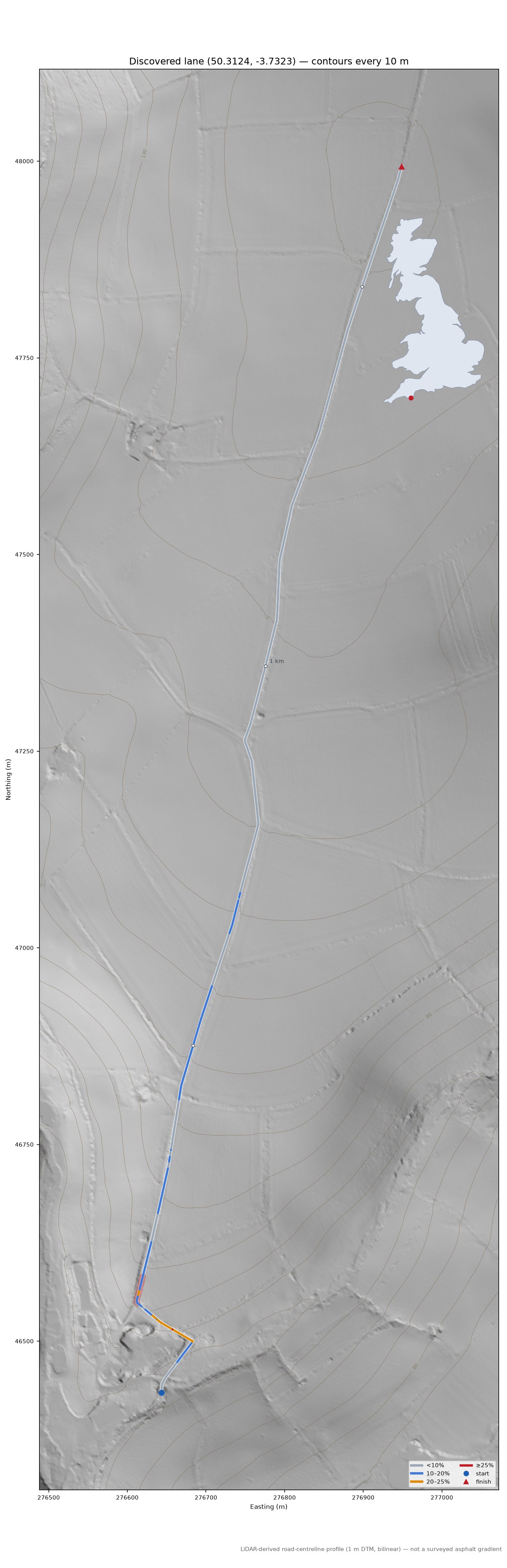 Discovered lane (50.3124, -3.7323) LiDAR hillshade map with contours