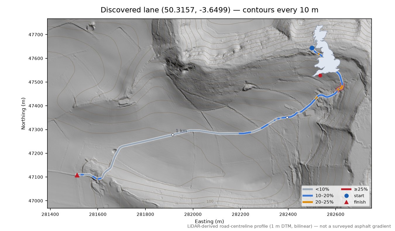 Discovered lane (50.3157, -3.6499) LiDAR hillshade map with contours