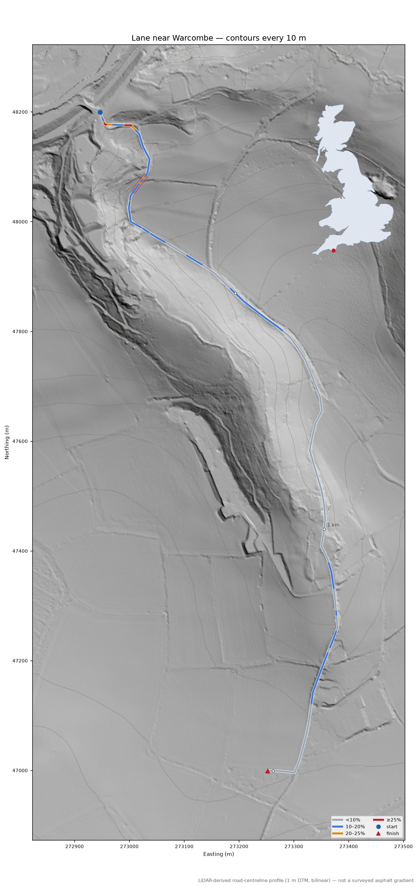 Lane near Warcombe LiDAR hillshade map with contours