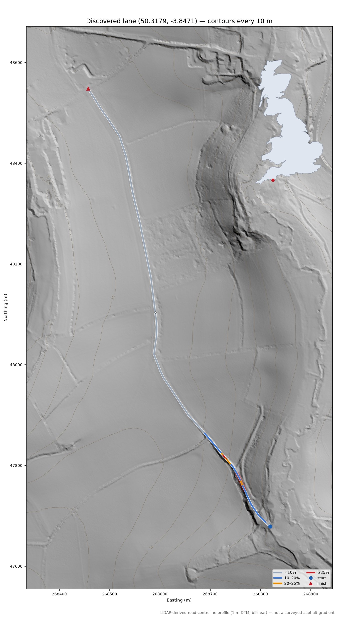 Discovered lane (50.3179, -3.8471) LiDAR hillshade map with contours