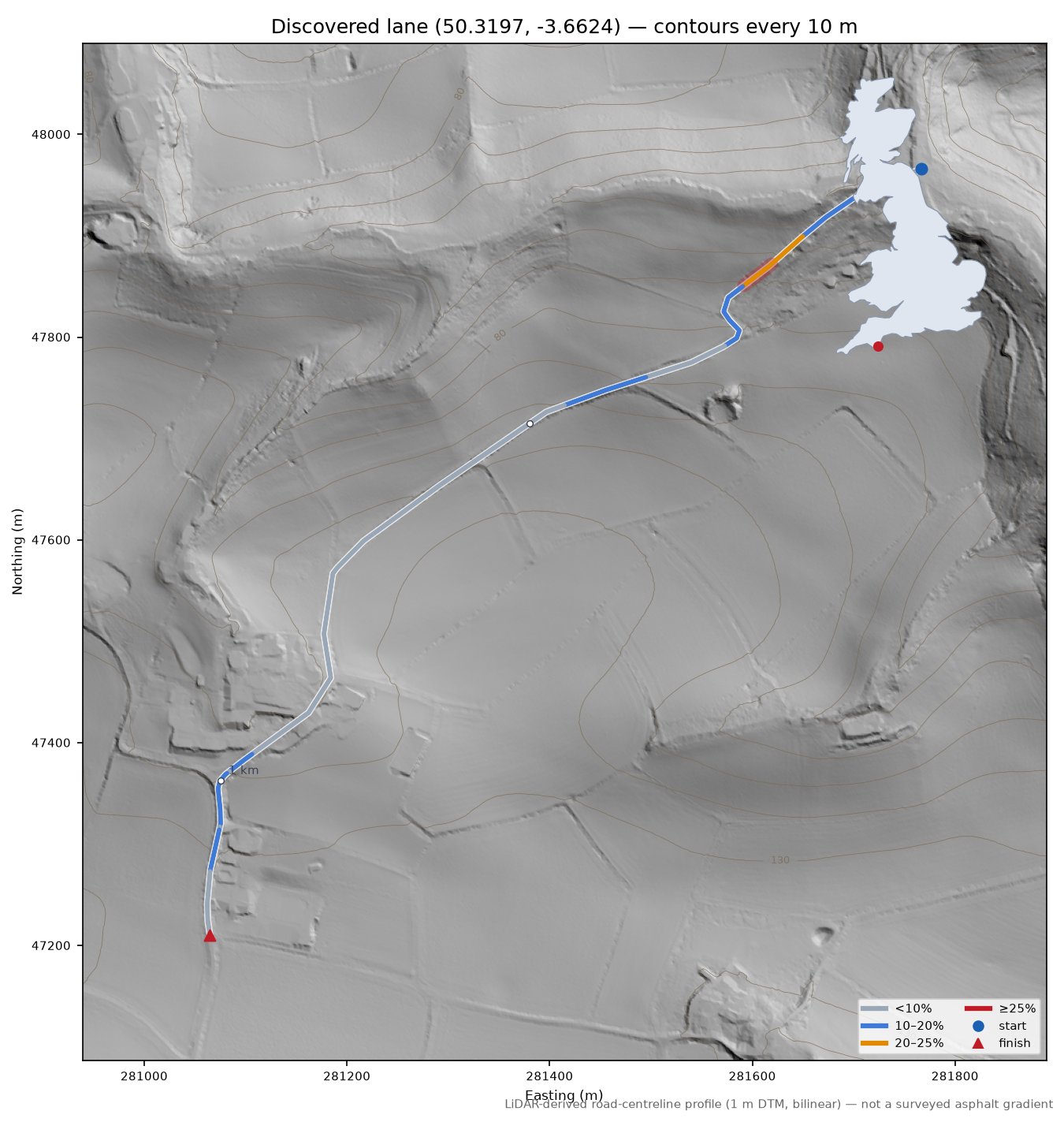 Discovered lane (50.3197, -3.6624) LiDAR hillshade map with contours