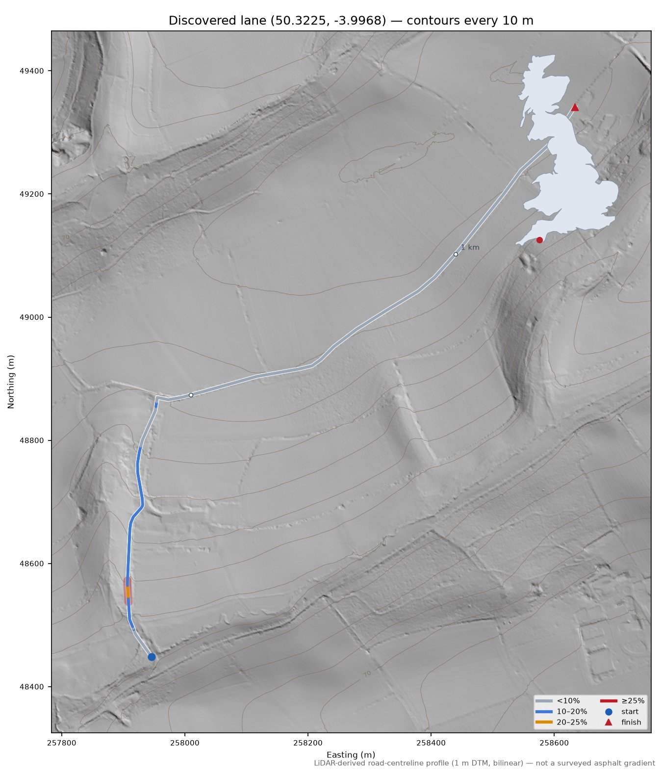 Discovered lane (50.3225, -3.9968) LiDAR hillshade map with contours