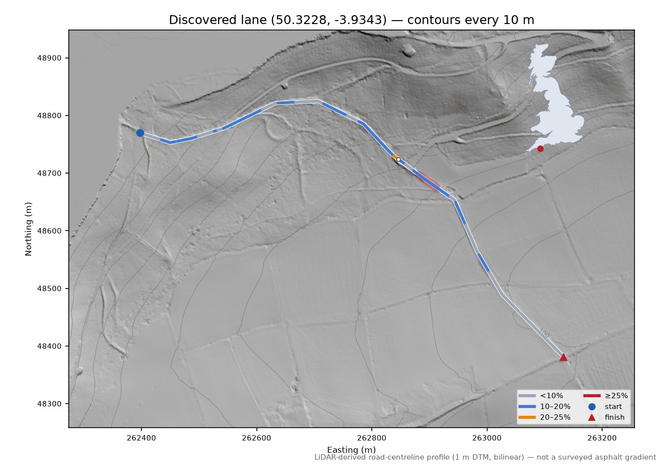 Discovered lane (50.3228, -3.9343) LiDAR hillshade map with contours