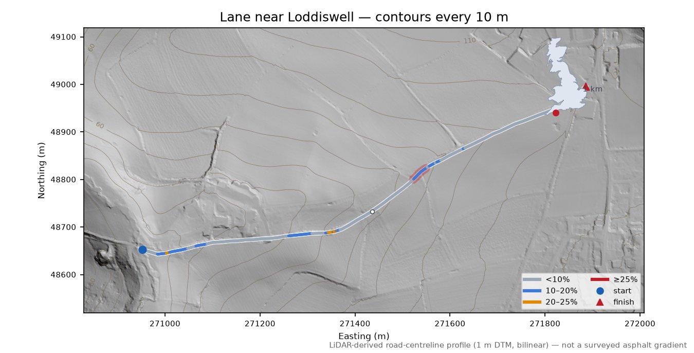 Lane near Loddiswell LiDAR hillshade map with contours