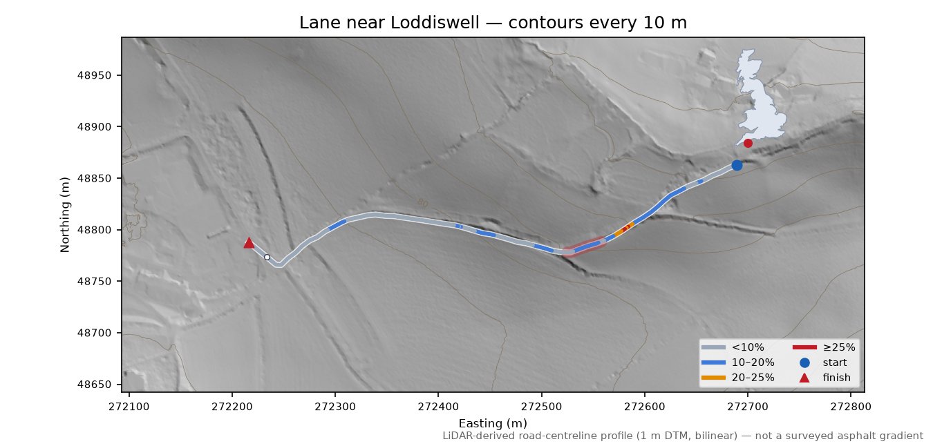 Lane near Loddiswell LiDAR hillshade map with contours
