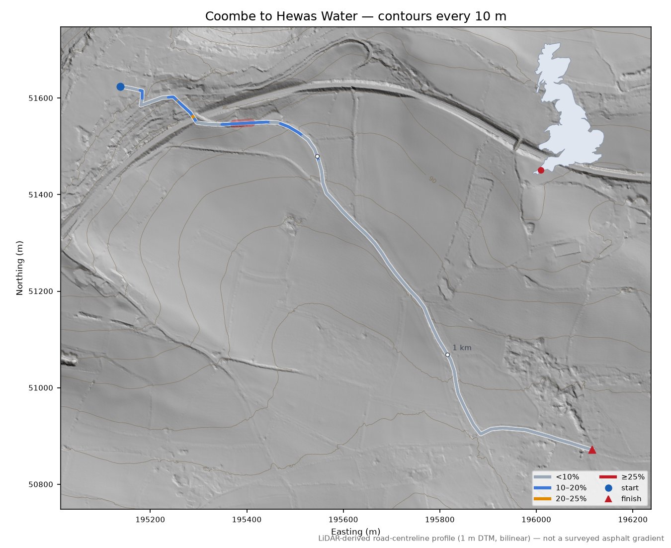 Coombe to Hewas Water LiDAR hillshade map with contours