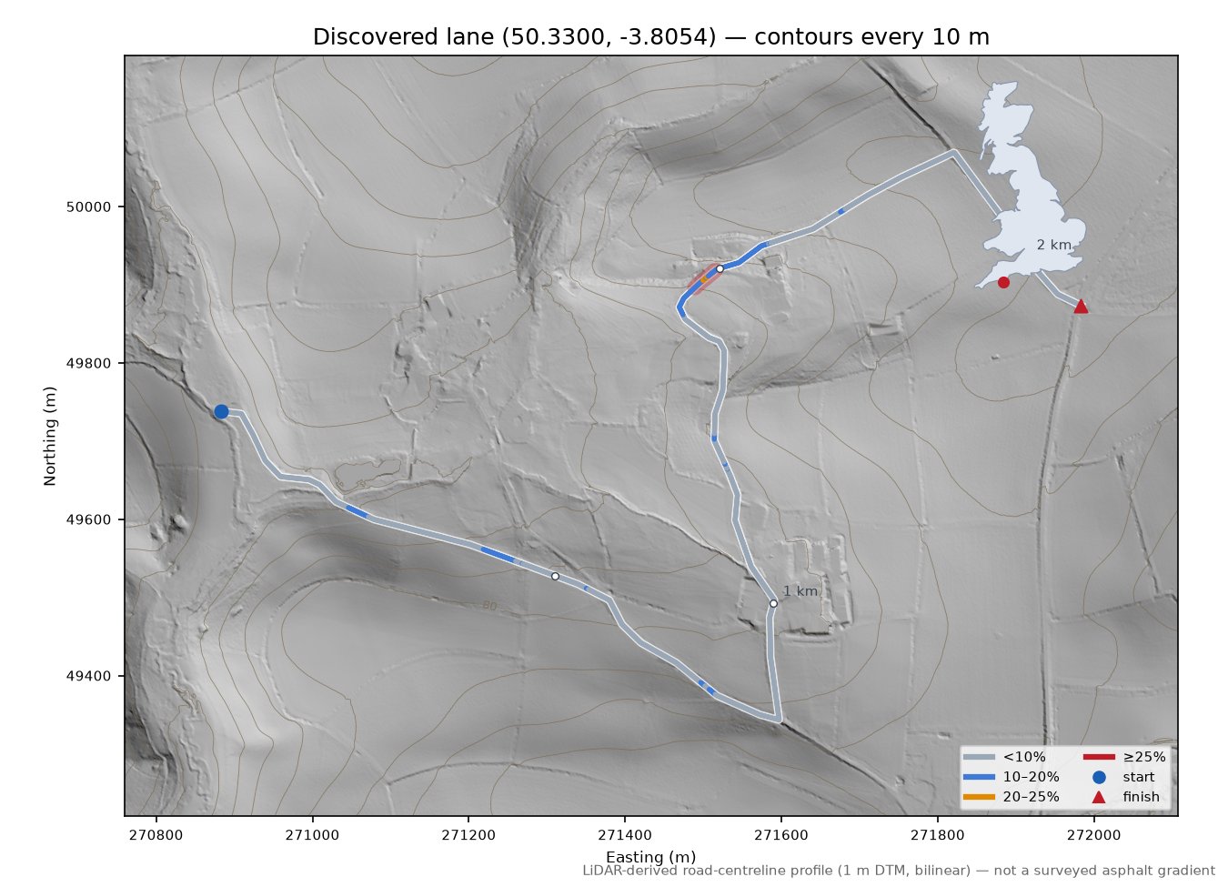 Discovered lane (50.3300, -3.8054) LiDAR hillshade map with contours