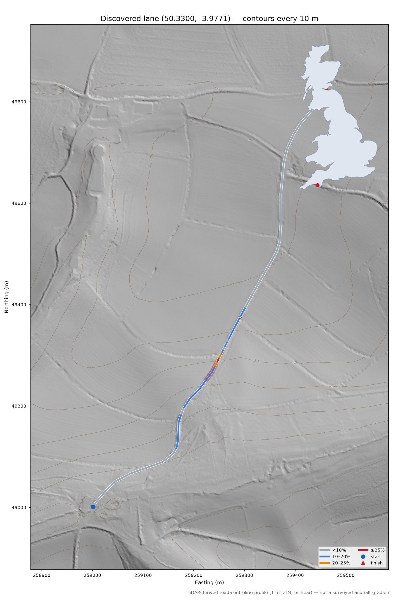 Discovered lane (50.3300, -3.9771) LiDAR hillshade map with contours