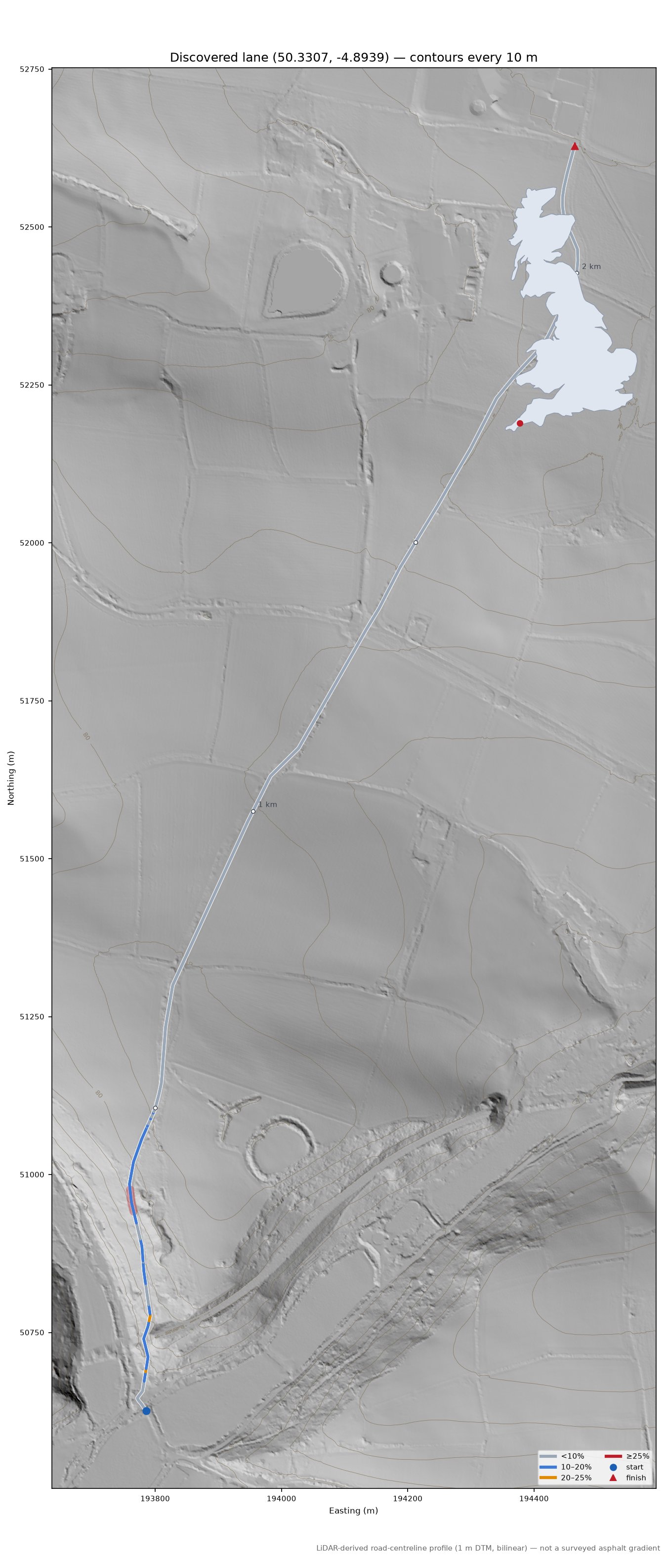 Discovered lane (50.3307, -4.8939) LiDAR hillshade map with contours