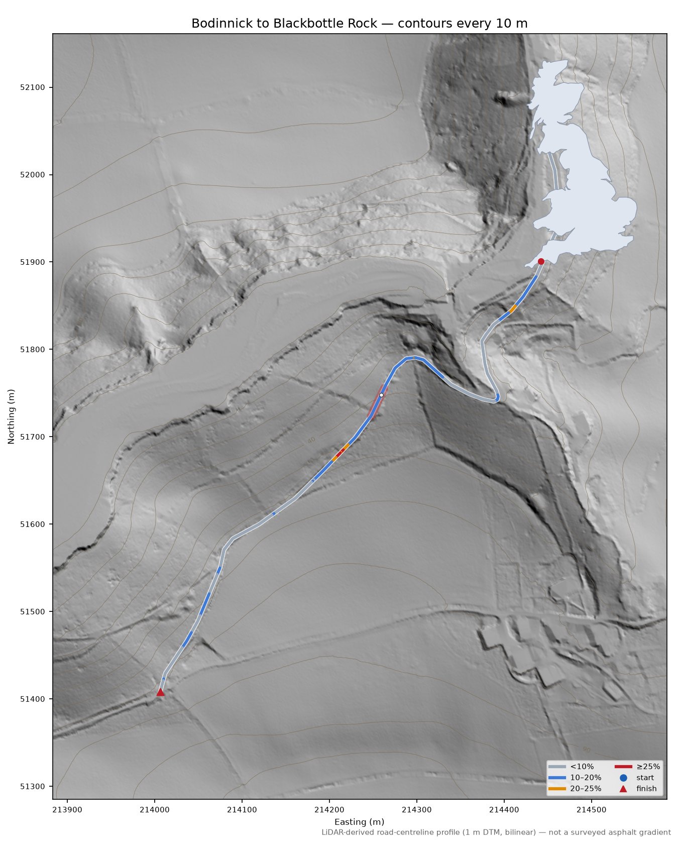 Bodinnick to Blackbottle Rock LiDAR hillshade map with contours