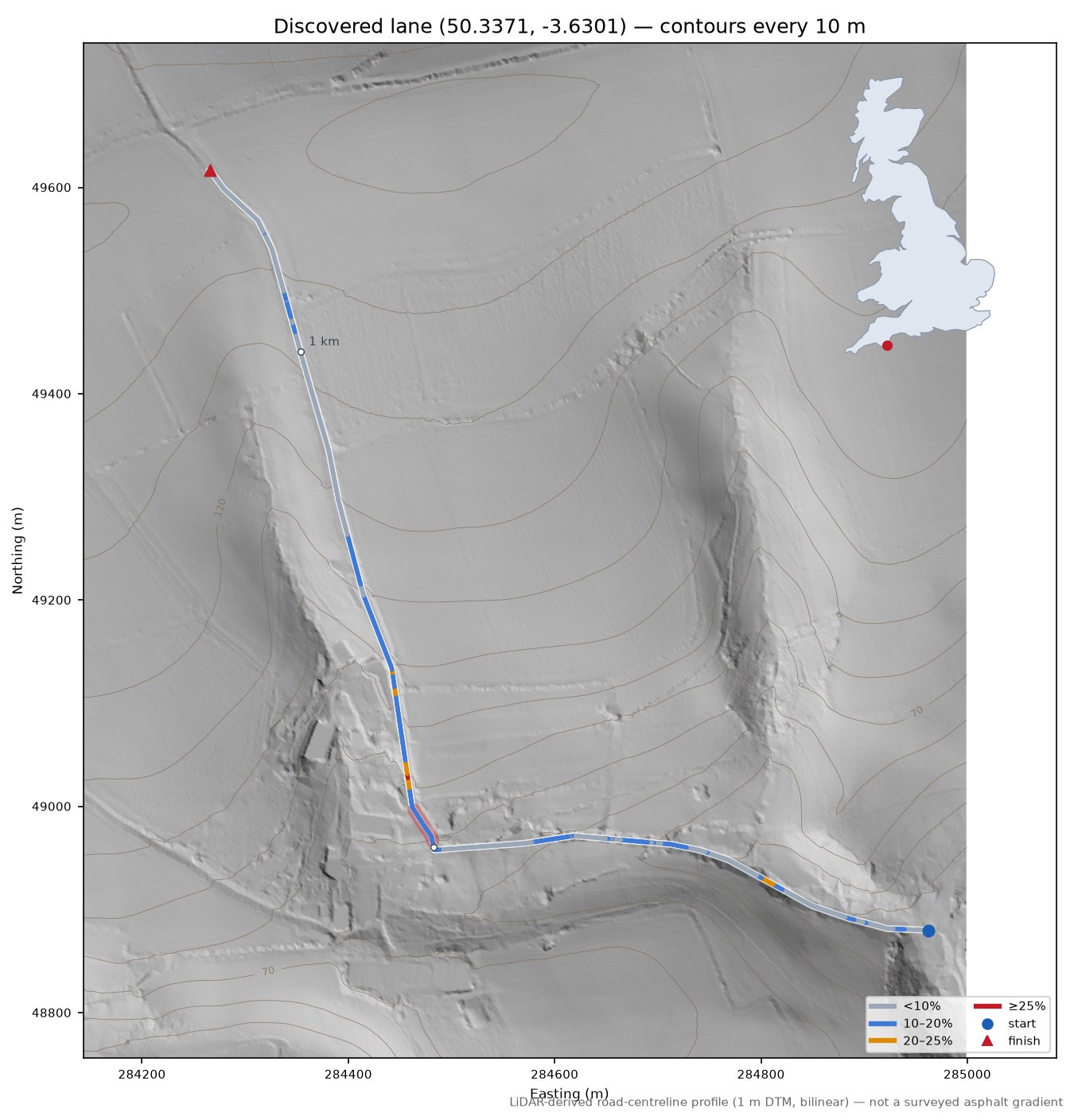 Discovered lane (50.3371, -3.6301) LiDAR hillshade map with contours