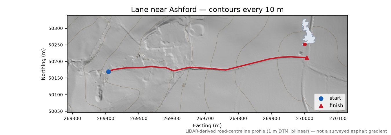 Lane near Ashford LiDAR hillshade map with contours