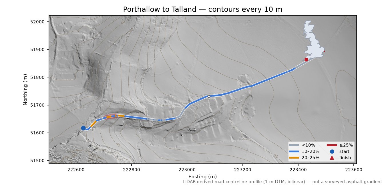 Porthallow to Talland LiDAR hillshade map with contours