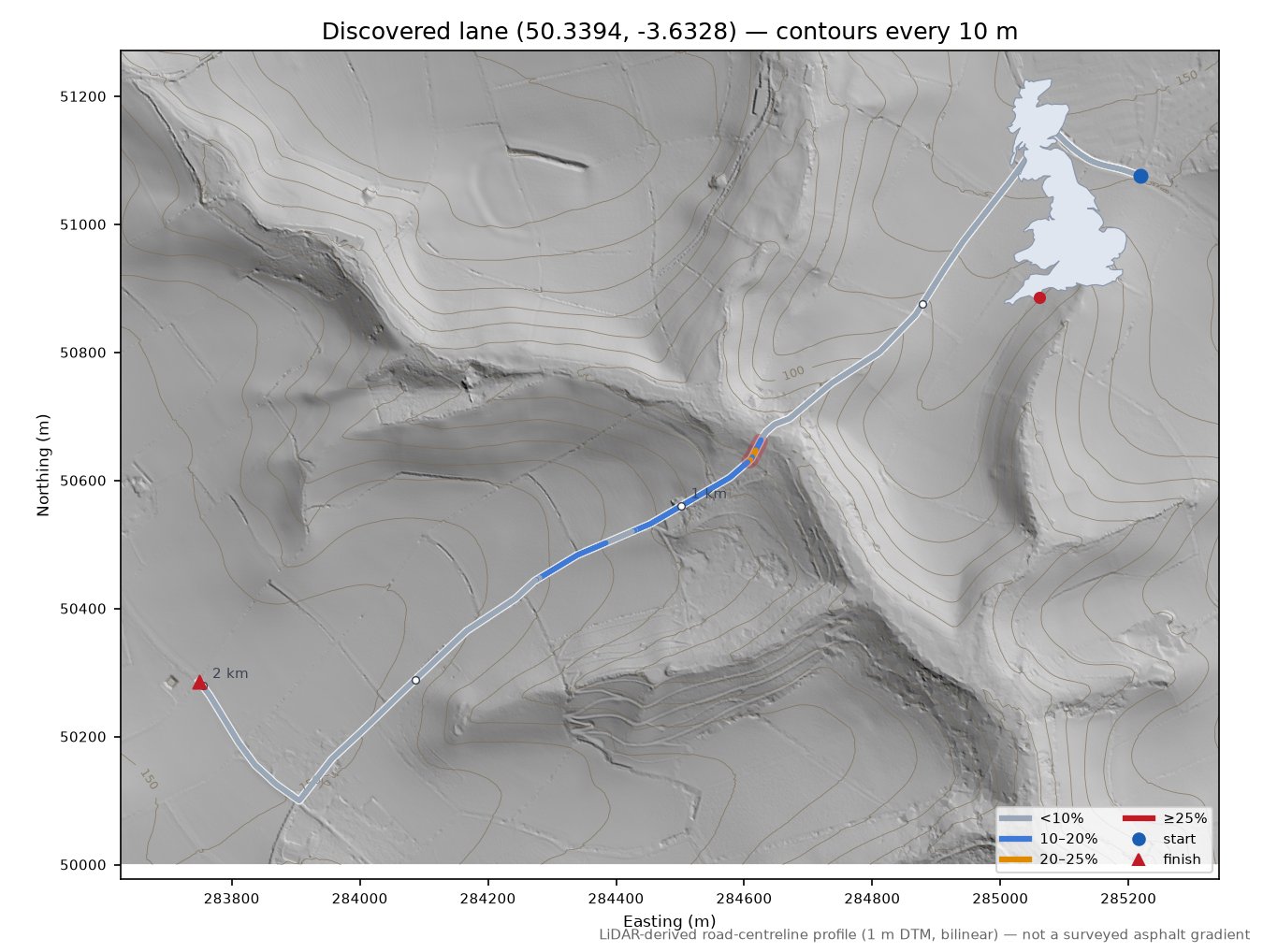 Discovered lane (50.3394, -3.6328) LiDAR hillshade map with contours