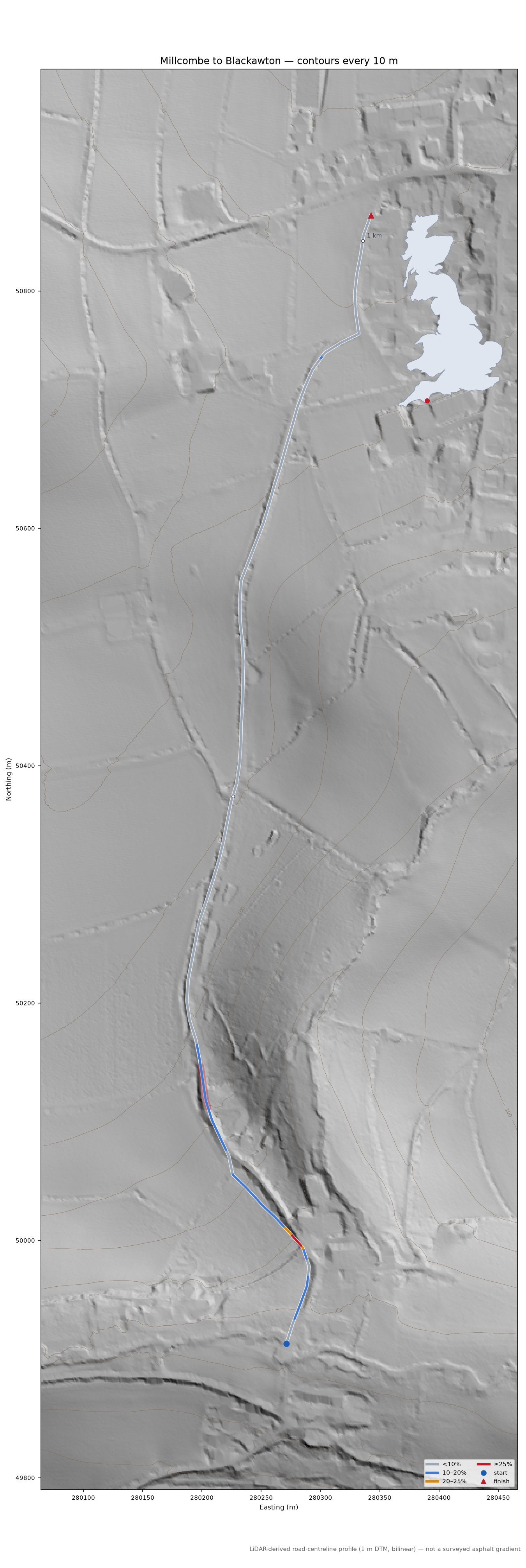 Millcombe to Blackawton LiDAR hillshade map with contours