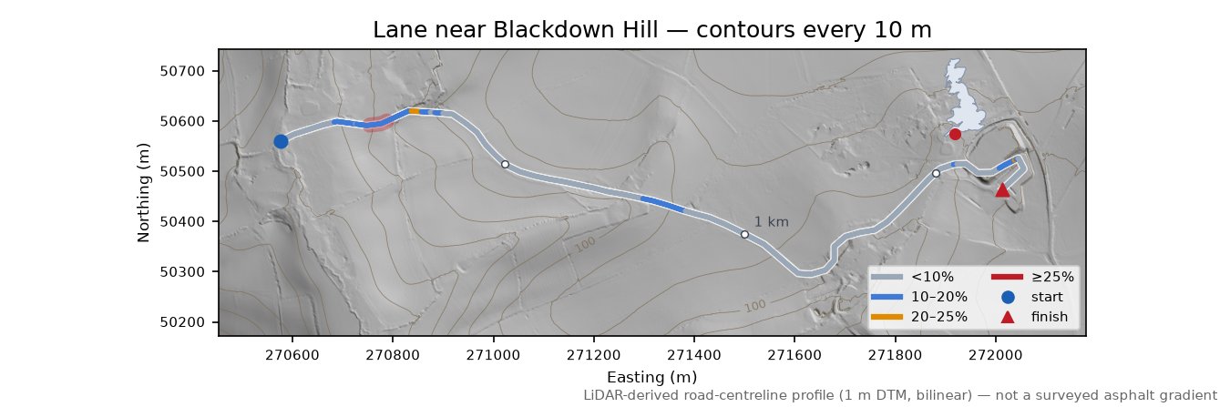 Lane near Blackdown Hill LiDAR hillshade map with contours