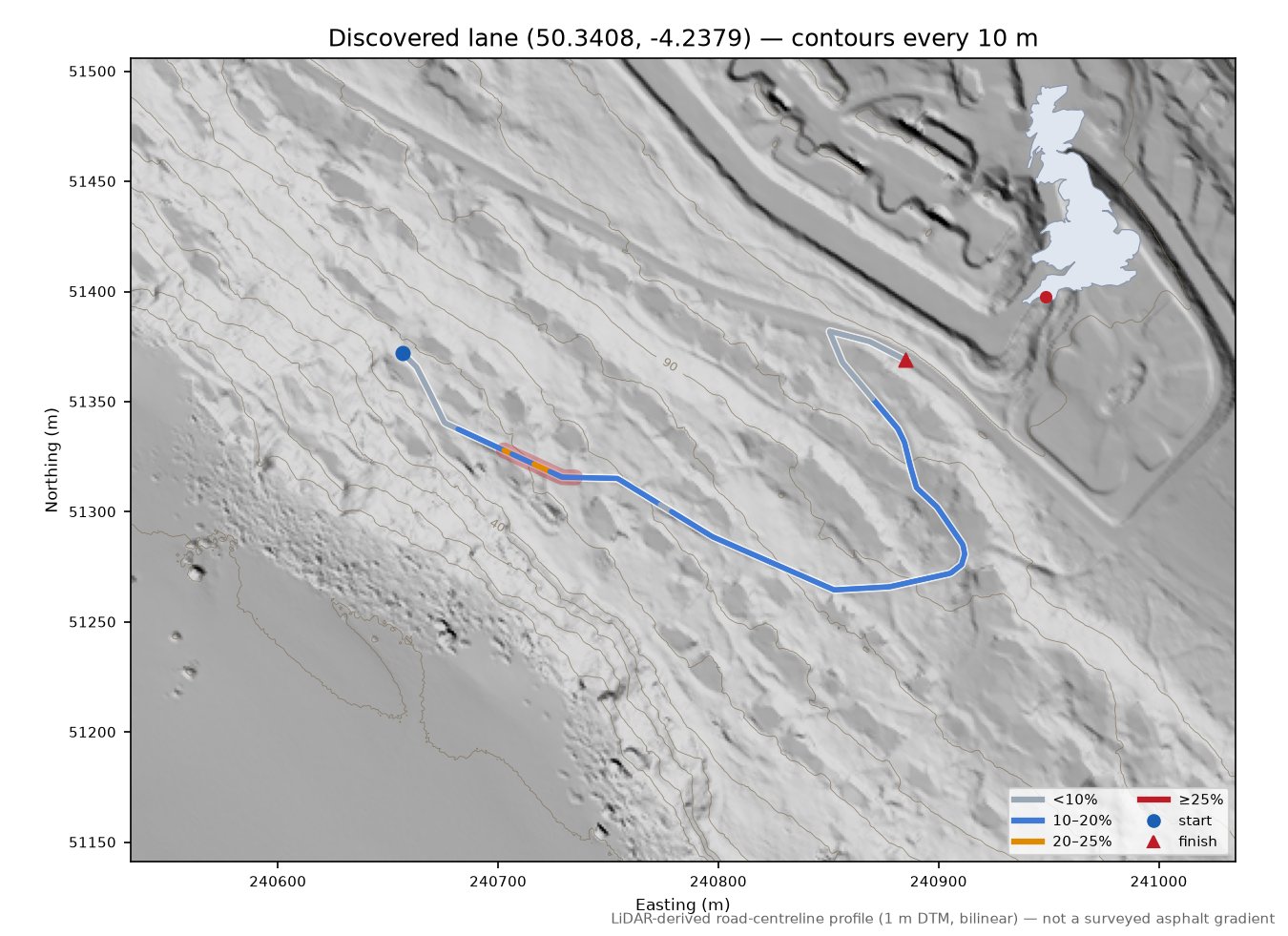 Discovered lane (50.3408, -4.2379) LiDAR hillshade map with contours