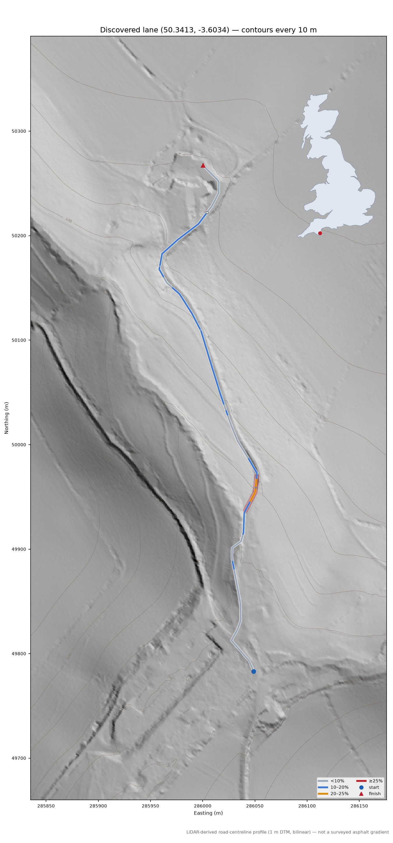 Discovered lane (50.3413, -3.6034) LiDAR hillshade map with contours