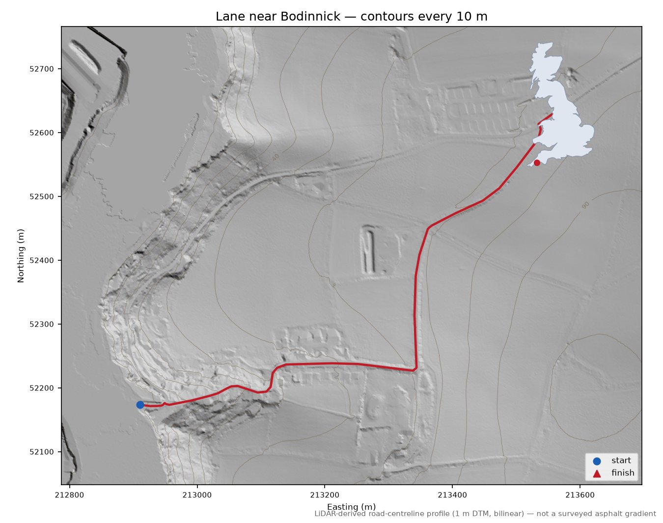 Lane near Bodinnick LiDAR hillshade map with contours