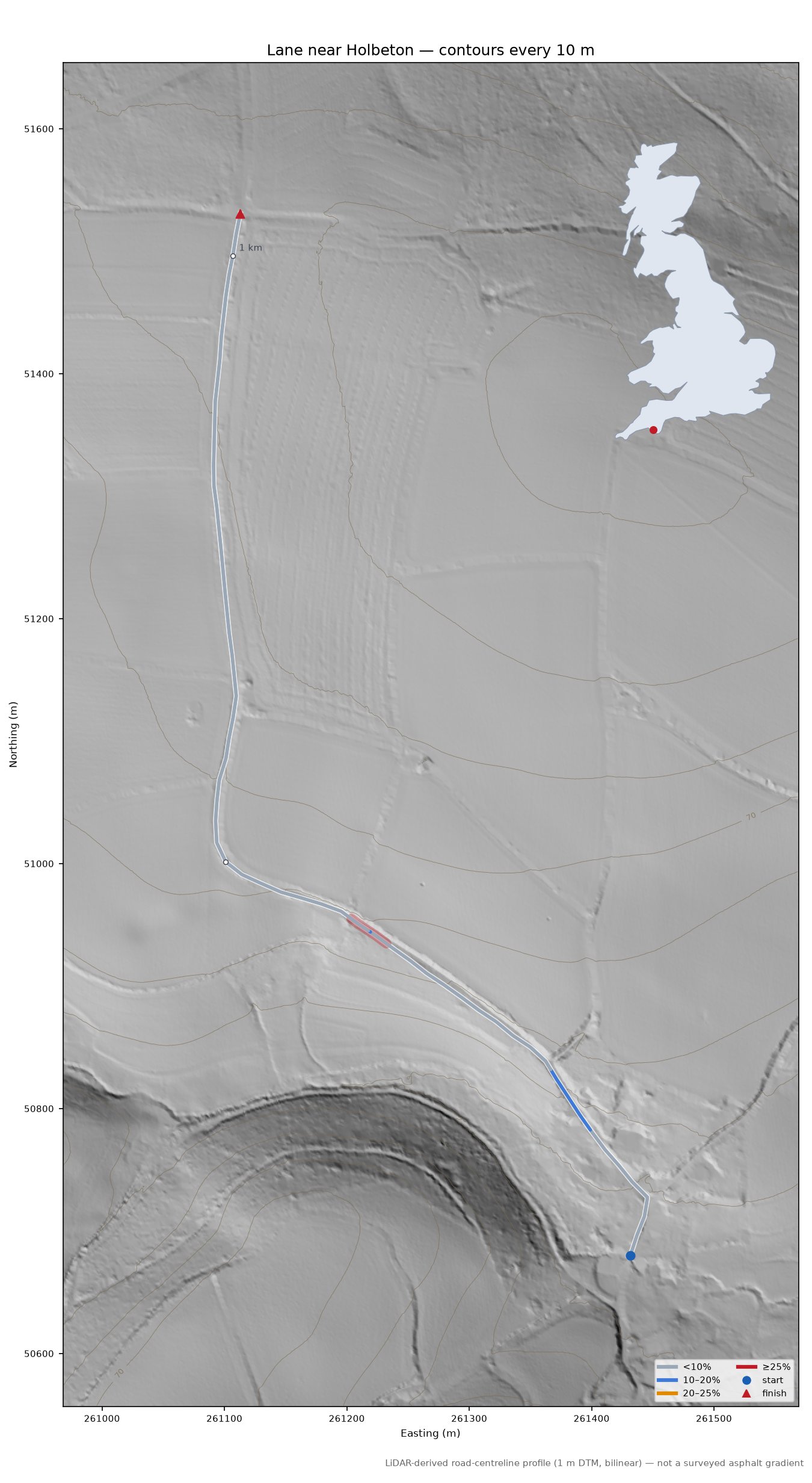 Lane near Holbeton LiDAR hillshade map with contours