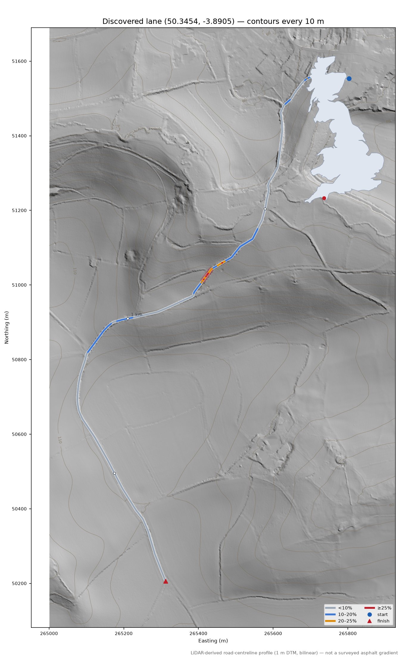 Discovered lane (50.3454, -3.8905) LiDAR hillshade map with contours