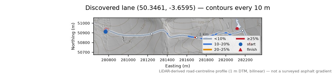Discovered lane (50.3461, -3.6595) LiDAR hillshade map with contours